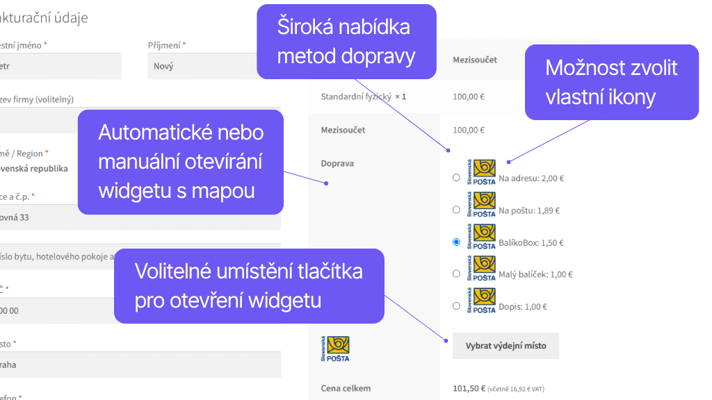 Plugin Toret Slovenská pošta - zobrazení v pokladně