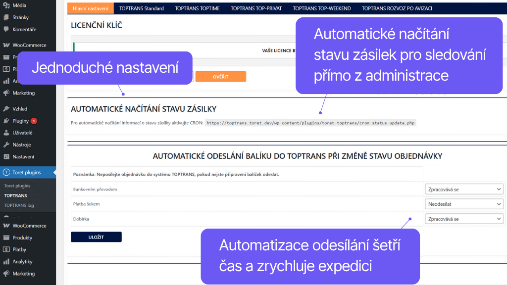 Plugin Toret TOPTRANS pro WooCommerce - nastavení automatizace