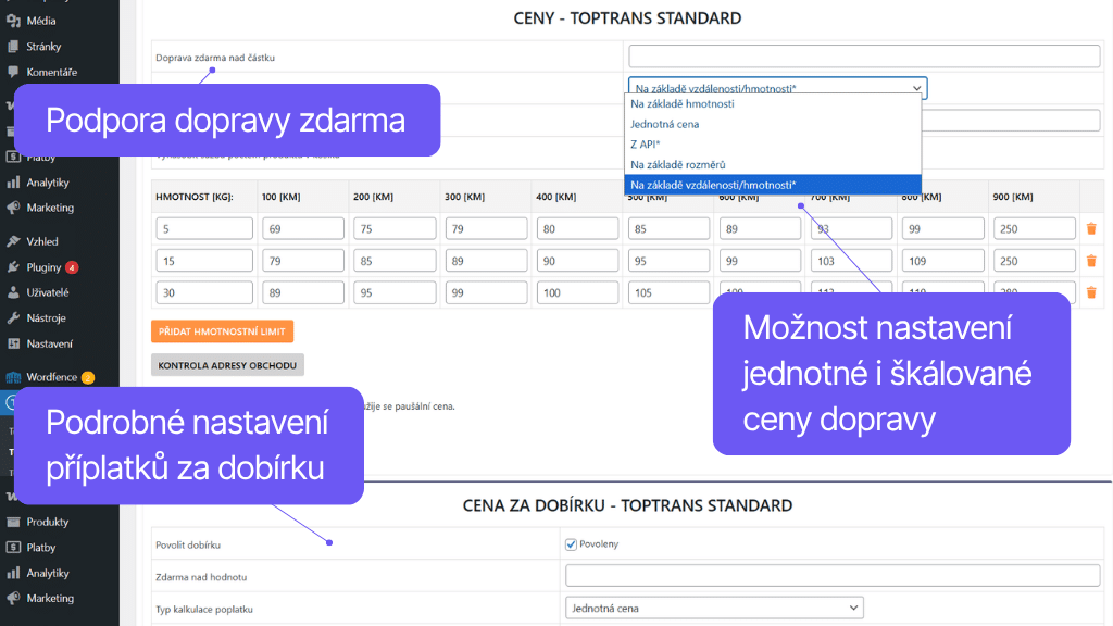 Plugin Toret TOPTRANS pro WooCommerce - nastavení ceny a dobírky