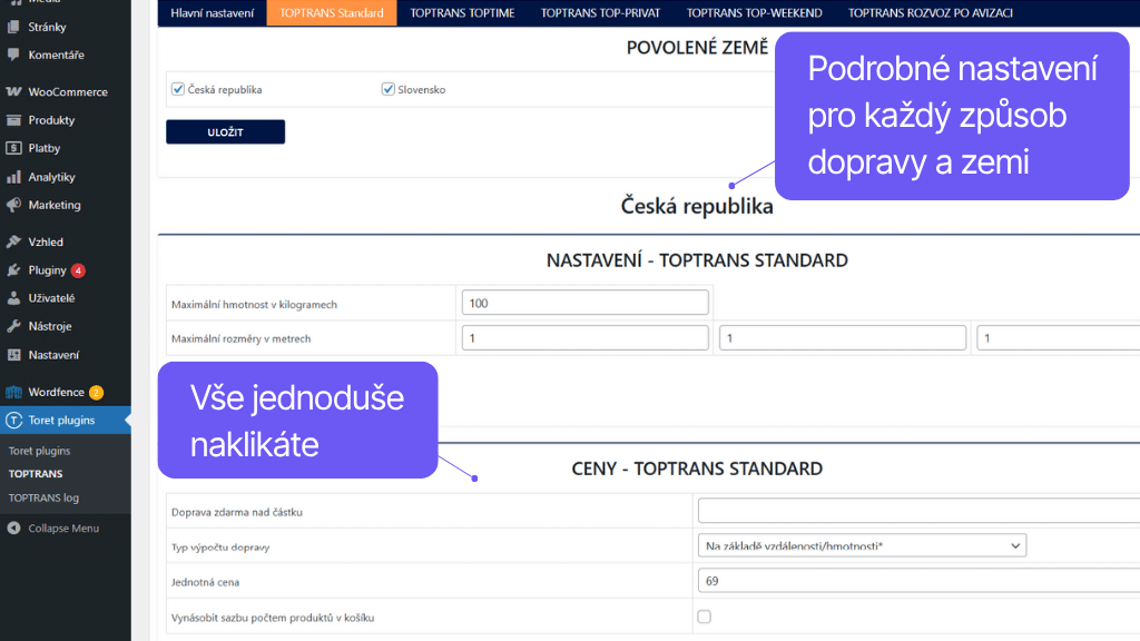Plugin Toret TOPTRANS pro WooCommerce - nastavení dopravy