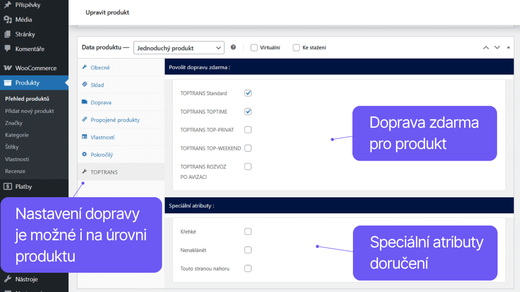 Plugin Toret TOPTRANS pro WooCommerce - nastavení pro produkt