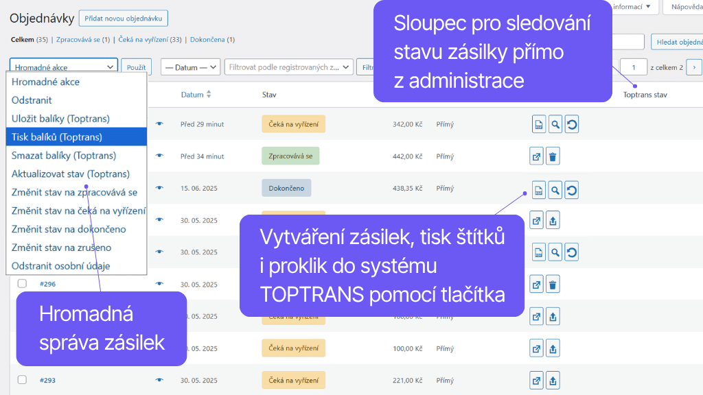 Plugin Toret TOPTRANS pro WooCommerce - přehled objednávek
