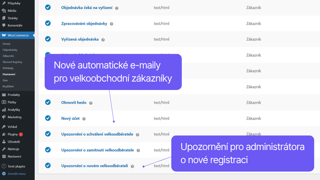 Plugin Toret Velkoobchod pro WooCommerce - automatické e-maily