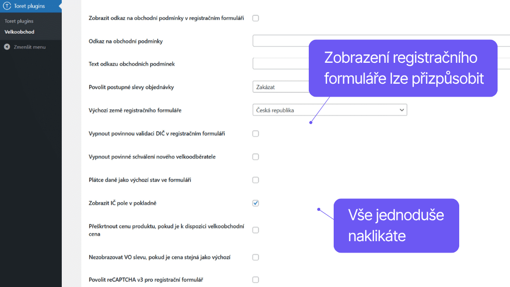 Plugin Toret Velkoobchod pro WooCommerce - nastavení formuláře