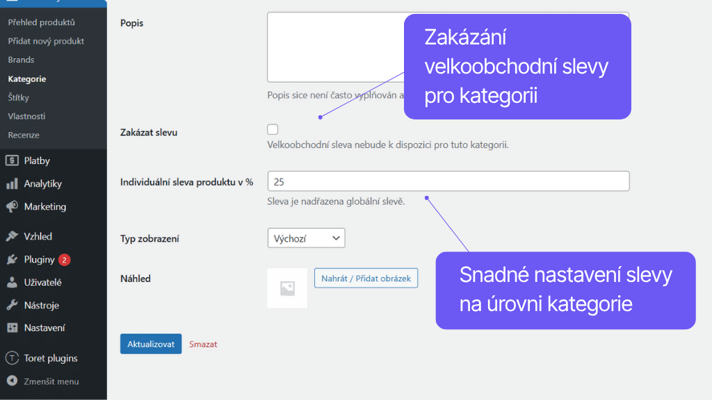 Plugin Toret Velkoobchod pro WooCommerce - nastavení kategorie