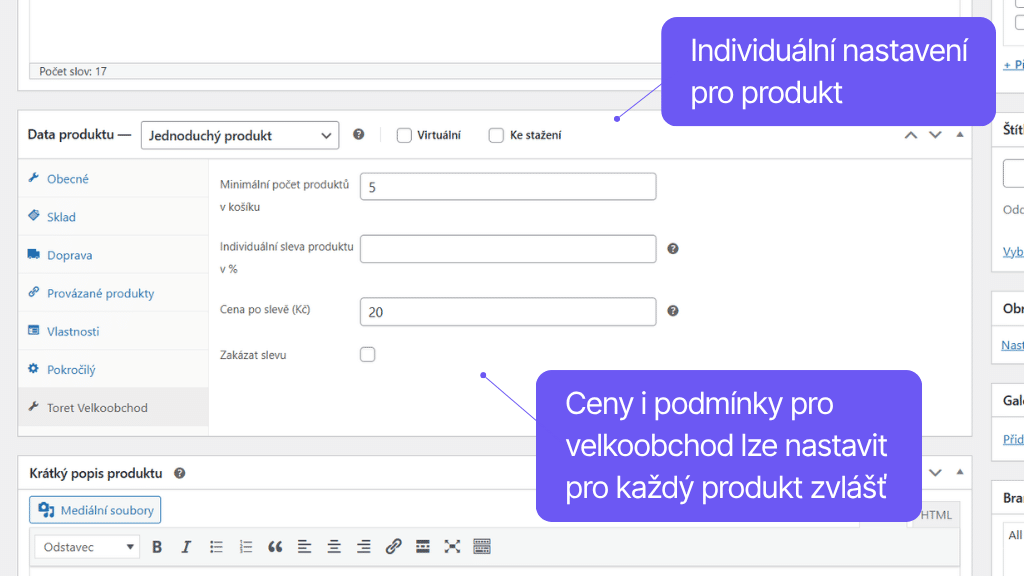 Plugin Toret Velkoobchod pro WooCommerce - nastavení pro produkt