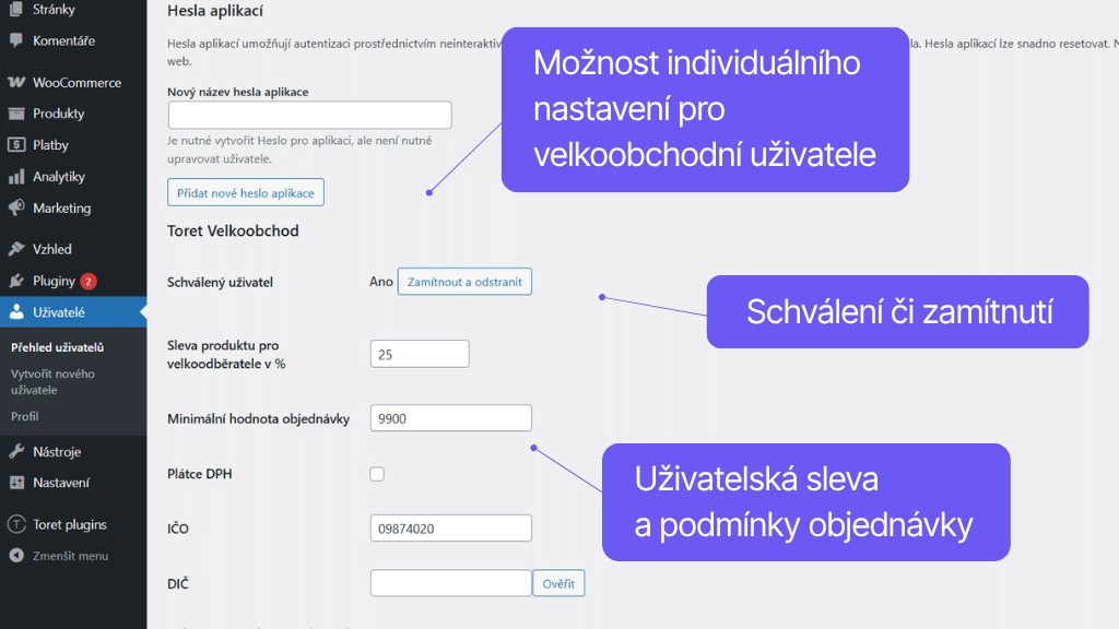 Plugin Toret Velkoobchod pro WooCommerce - nastavení pro velkoobchodní uživatele