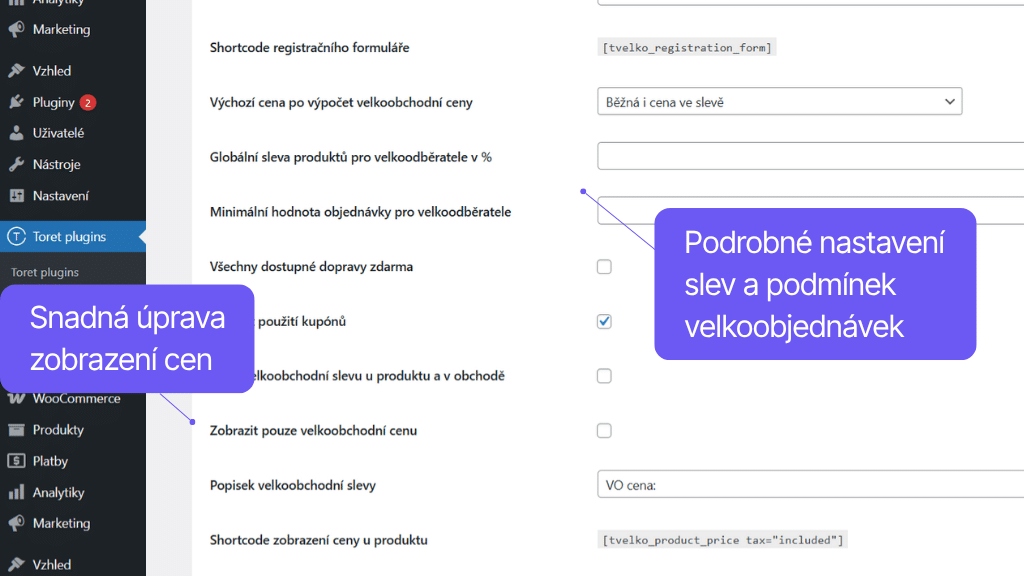 Plugin Toret Velkoobchod pro WooCommerce - nastavení slev a podmínek