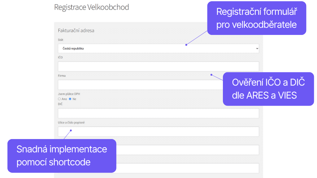 Plugin Toret Velkoobchod pro WooCommerce - registrační formulář