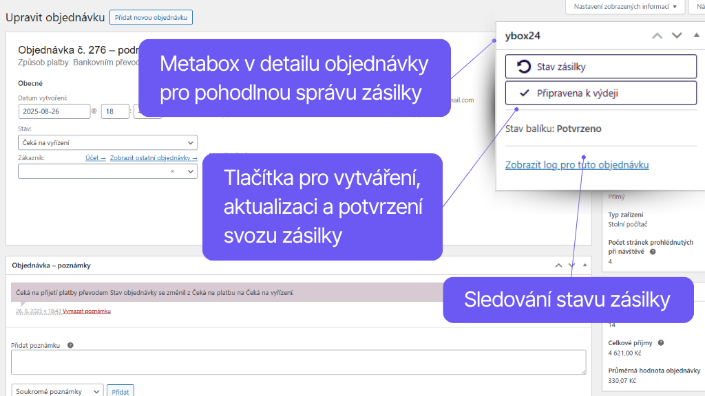 Plugin Toret ybox24 pro WooCommerce - detail objednávky