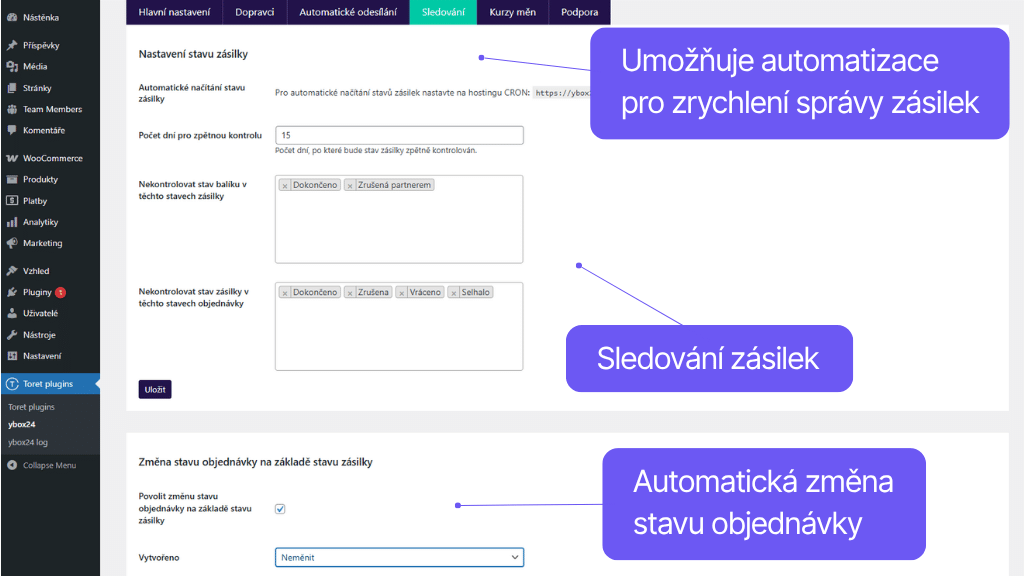 Plugin Toret ybox24 pro WooCommerce - nastavení automatizací