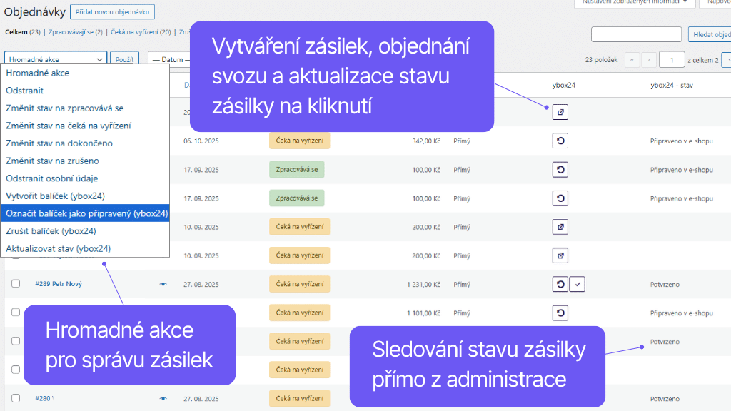 Plugin Toret ybox24 pro WooCommerce - přehled objednávek