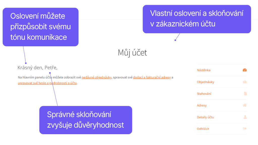 Toret České oslovení - zobrazení v zákaznickém účtu