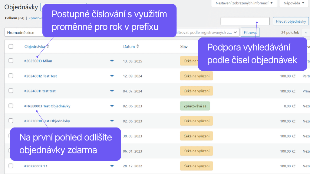 Toret Order Numbers - přehled objednávek