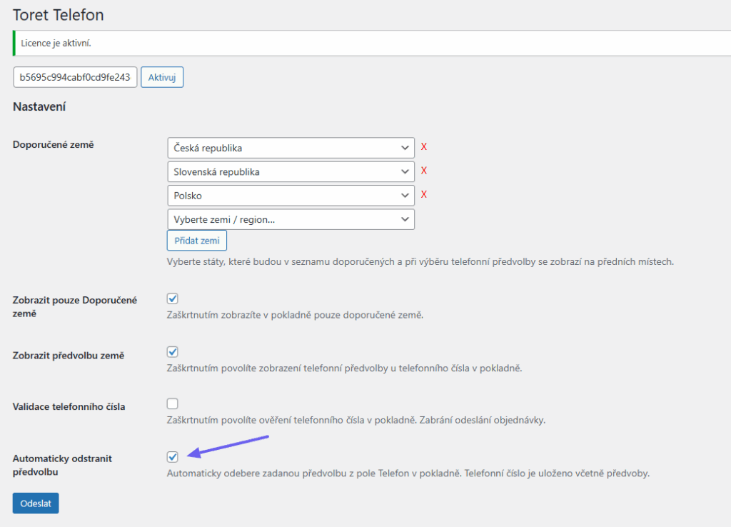 Toret Telefon - nastavení předvolby