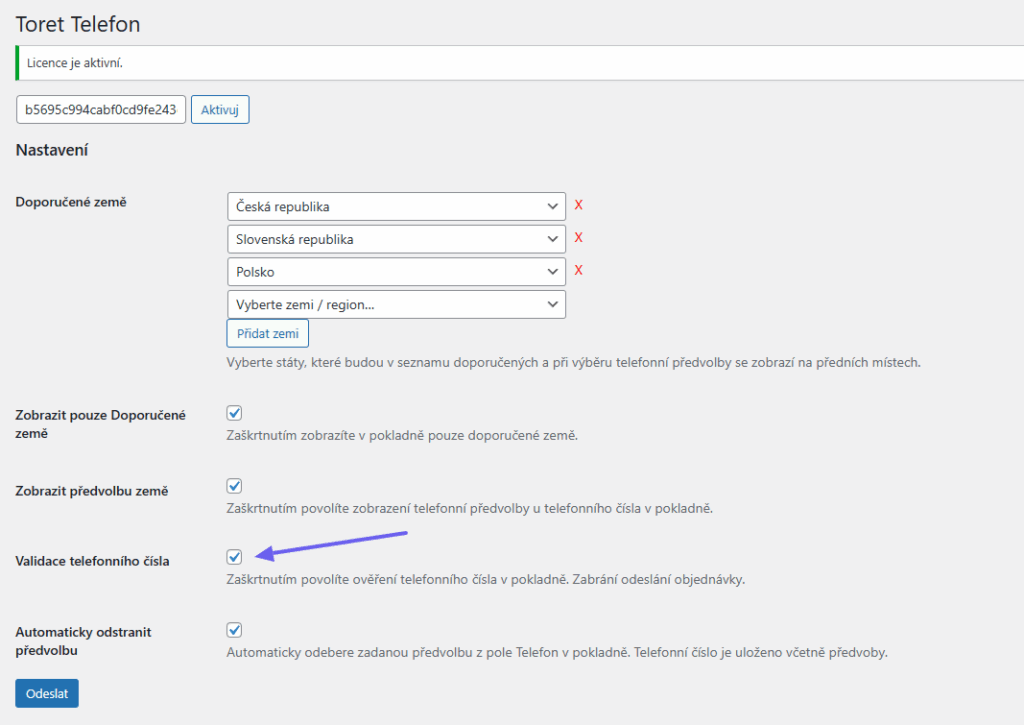 Toret Telefon - nastavení validace