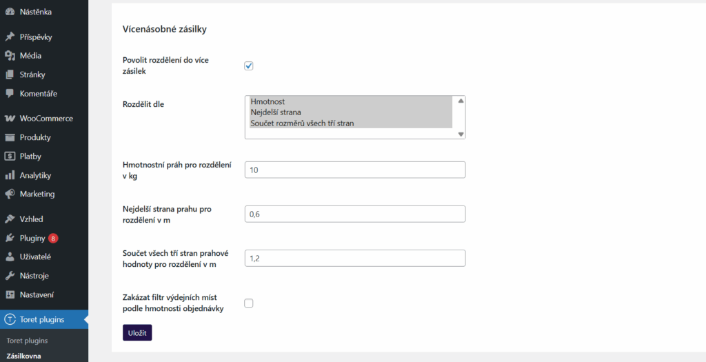 Nastavení automatického dělení zásilek v pluginu Zásilkovna
