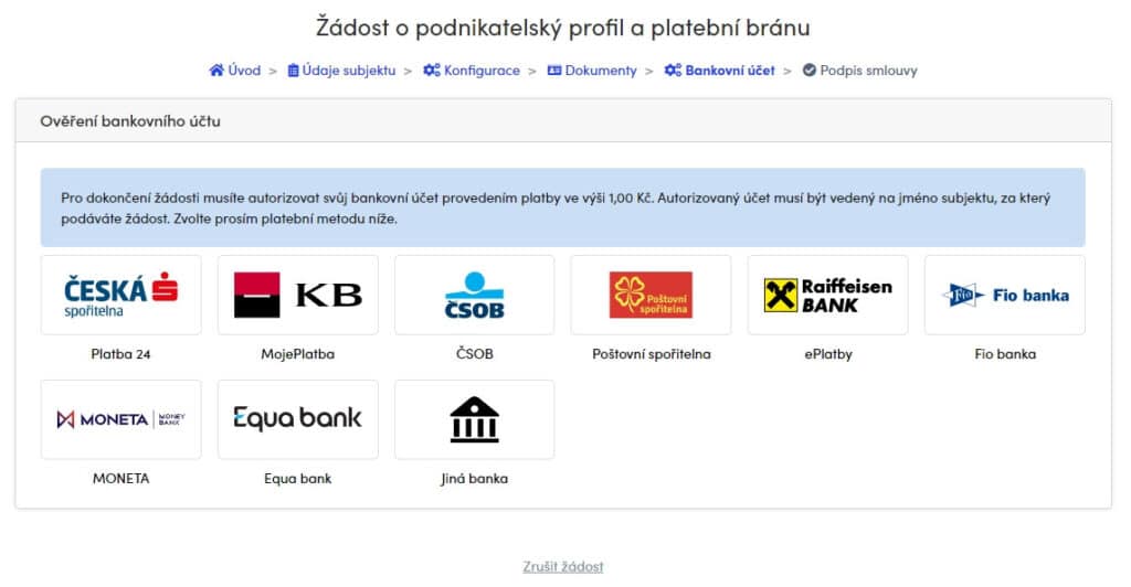 Ověření bankovního účtu pro zřízení platební brány ThePay
