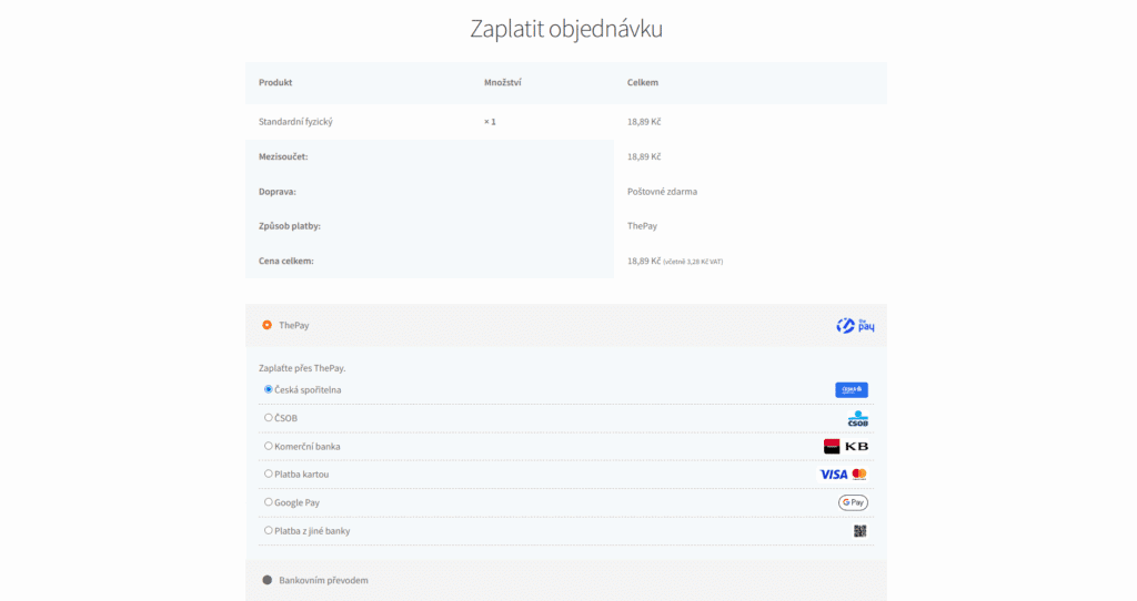 Výběr platební metody po selhané platbě v ThePay