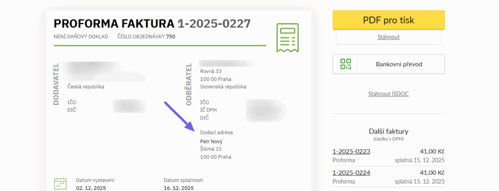 Zobrazení dodací adresy na faktuře z Fakturoidu