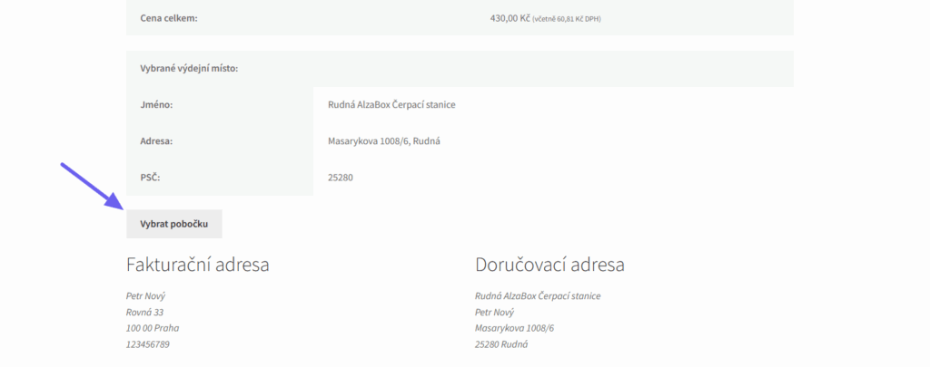 Tlačítko pro změnu pobočky na děkovné stránce přidané pluginem GO balík