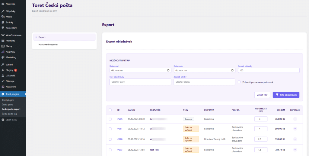 Plugin Toret Česká pošta pro WooCommerce - CSV export