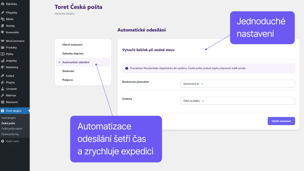 Plugin Toret Česká pošta pro WooCommerce - nastavení automatizace