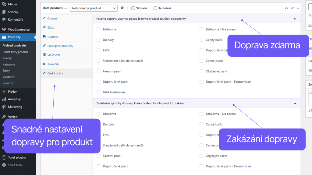 Plugin Toret Česká pošta pro WooCommerce - nastavení dopravy pro produkt
