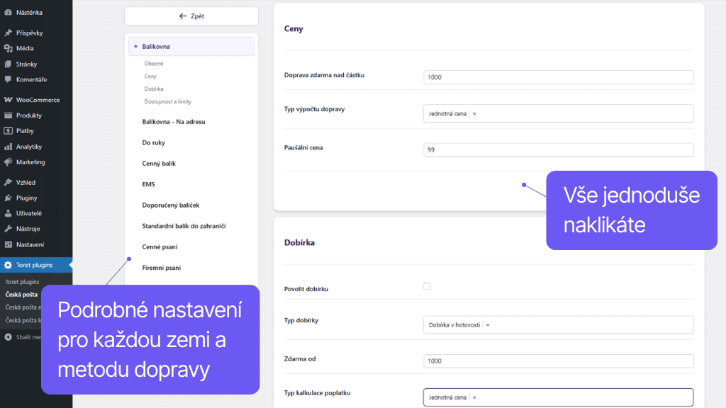 Plugin Toret Česká pošta pro WooCommerce - nastavení metod dopravy