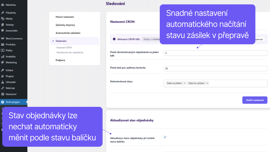 Plugin Toret Česká pošta pro WooCommerce - nastavení sledování