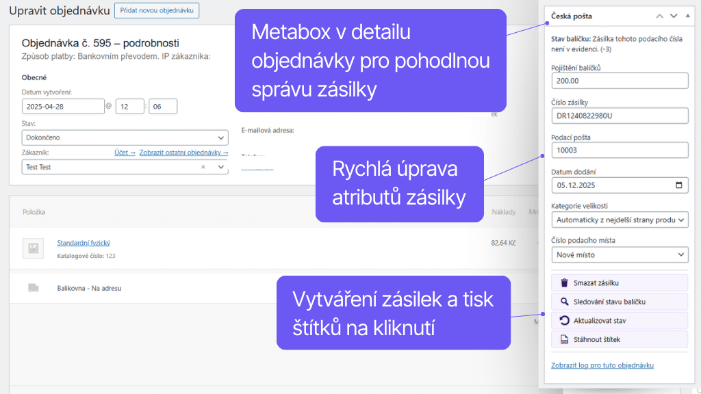 Plugin Toret Česká pošta pro WooCommerce - správa objednávek - detail