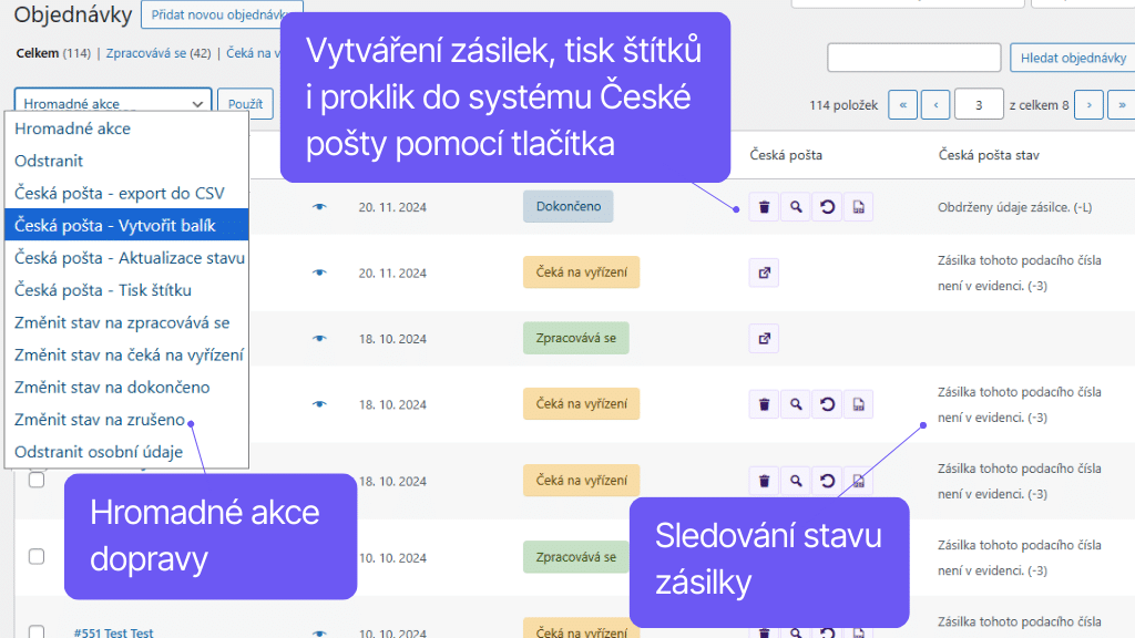 Plugin Toret Česká pošta pro WooCommerce - správa objednávek