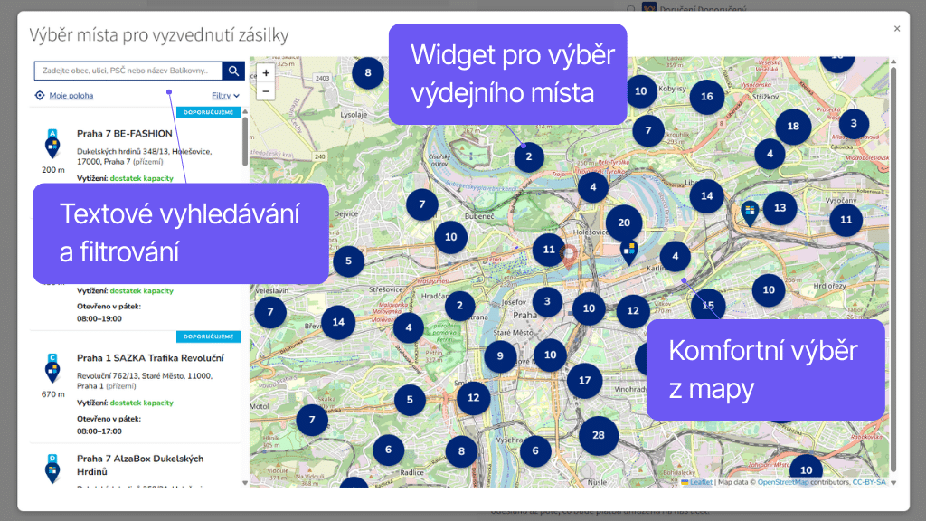 Plugin Toret Česká pošta pro WooCommerce - widget s mapou