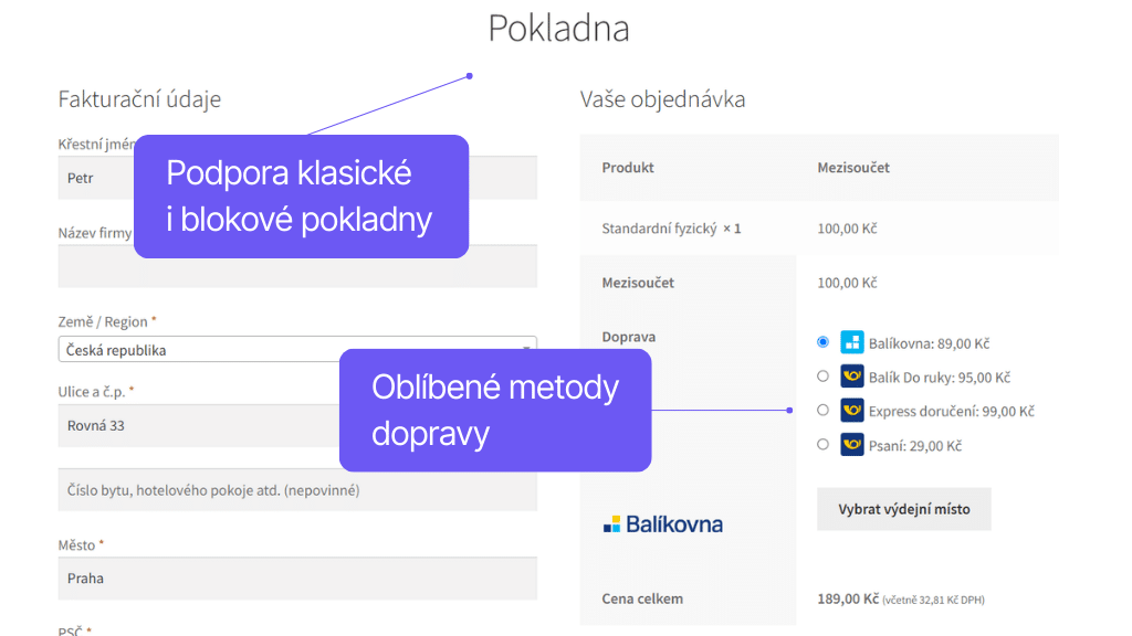 Plugin Toret Česká pošta pro WooCommerce - zobrazení v pokladně