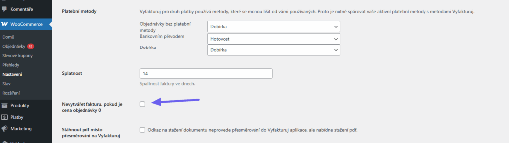 Zakázání vytvoření faktur pro objednávky s hodnotou 0 v pluginu Vyfakturuj