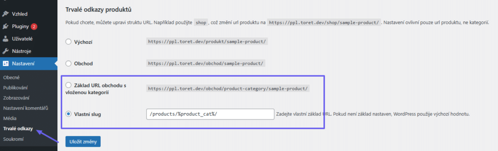 Nastavení trvalých odkazů produktů