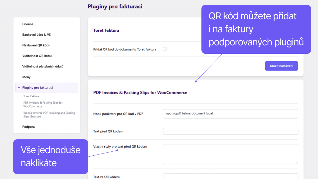 WooCommerce plugin QR kódy - nastavení zobrazení na faktuře