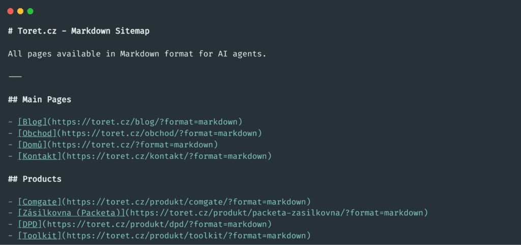 Ukázka funkcí pluginu Toret AI Markdown – sitemap