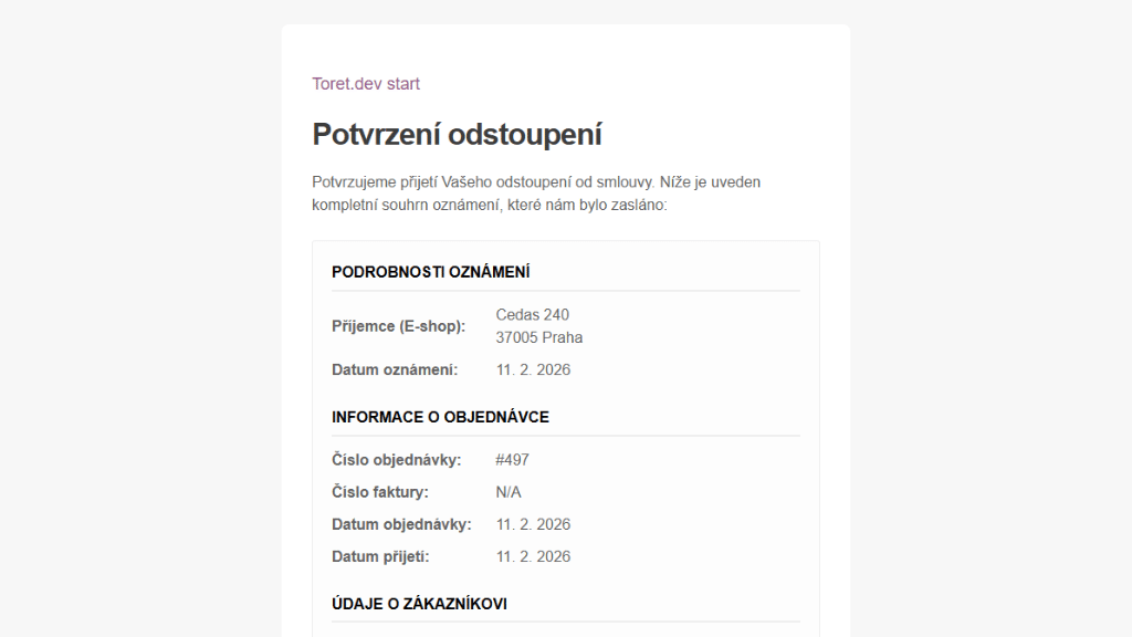 Plugin Toolkit - e-mail o odstoupení od smlouvy - potvrzení zákazníkovi