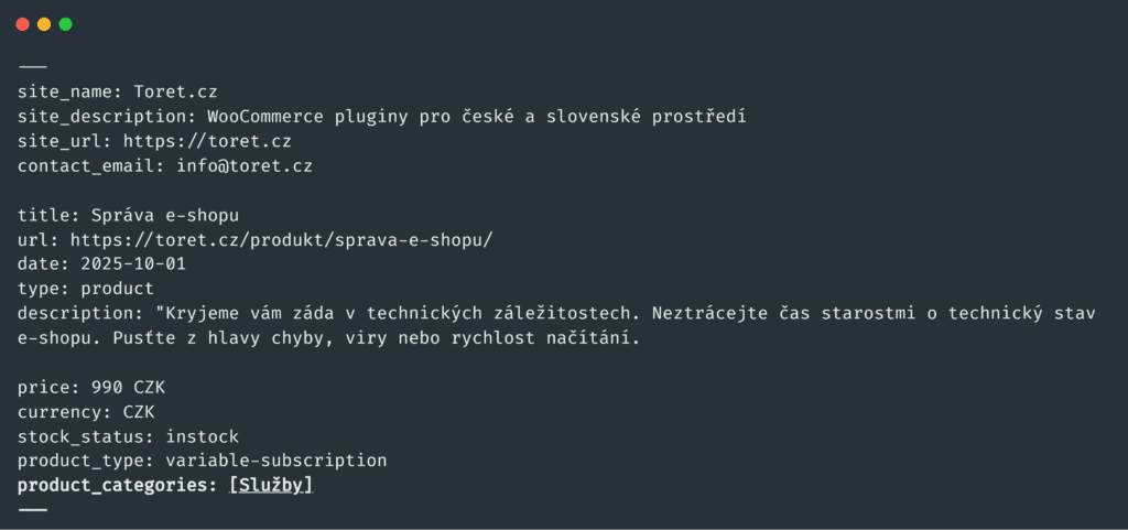 Ukázka funkcí pluginu Toret AI Markdown – markdown verze produktové stránky