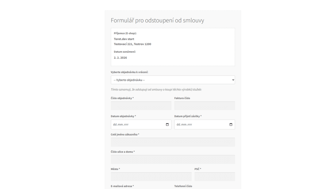 Toret Toolkit - formulář pro odstoupení od smlouvy