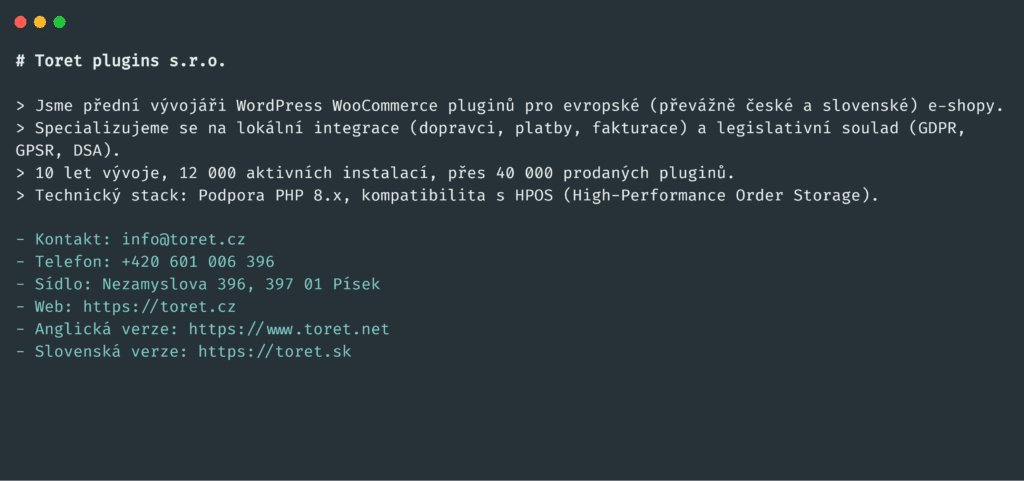 Ukázka funkcí pluginu Toret AI Markdown – dokument llms.txt