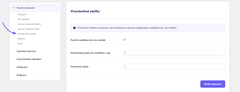 Funkce pro automatické dělení zásilek v pluginu Česká pošta