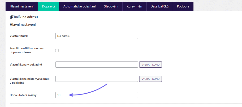 Nastavení doby uložení v pluginu Slovenská pošta