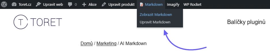 Funkce pro pohodlnější správu Markdown verzí stránek v pluginu Toret AI Markdown