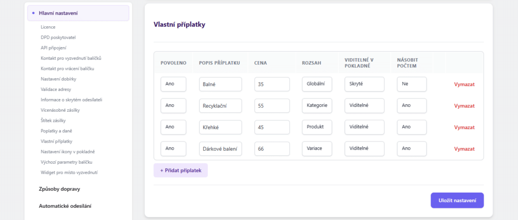 Plugin DPD - nastavení vlastních příplatků