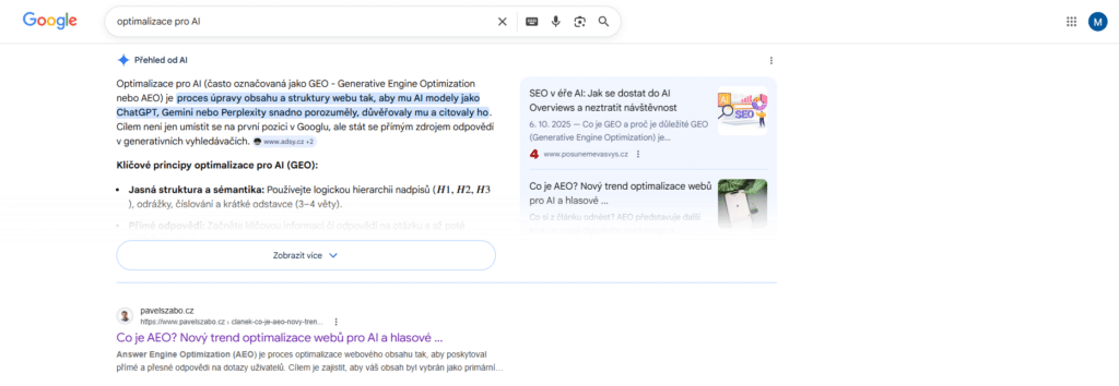 Přehled od AI ve výsledcích vyhledávání