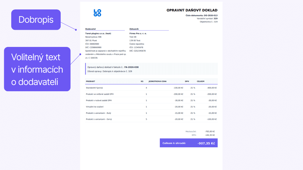 Toret Faktura - dobropis