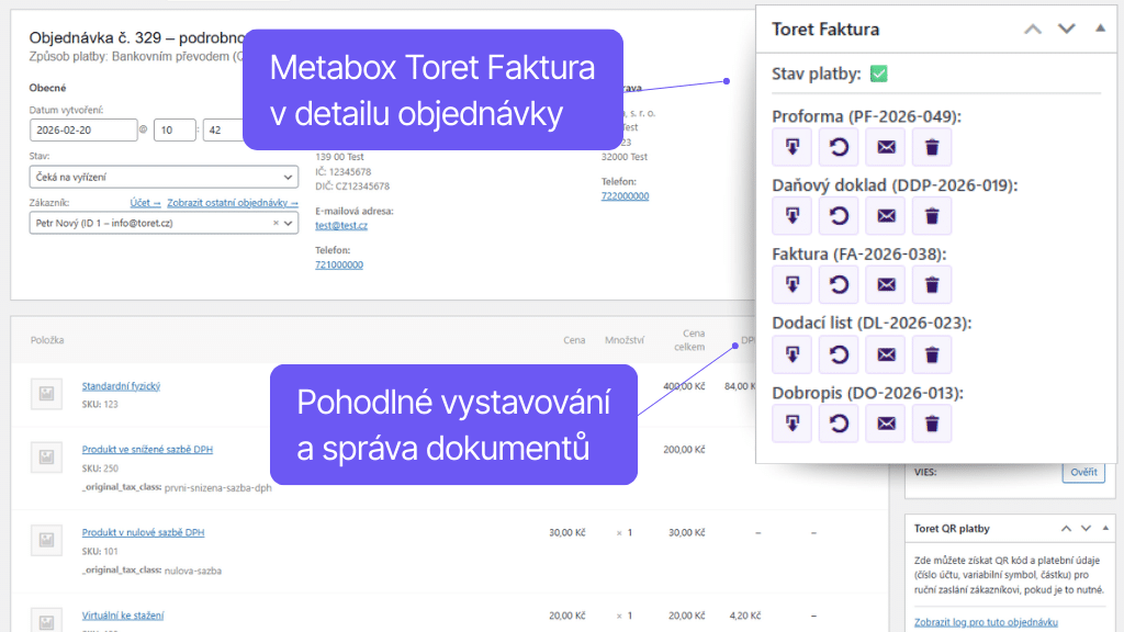 Toret Faktura - fakturace v detailu objednávky