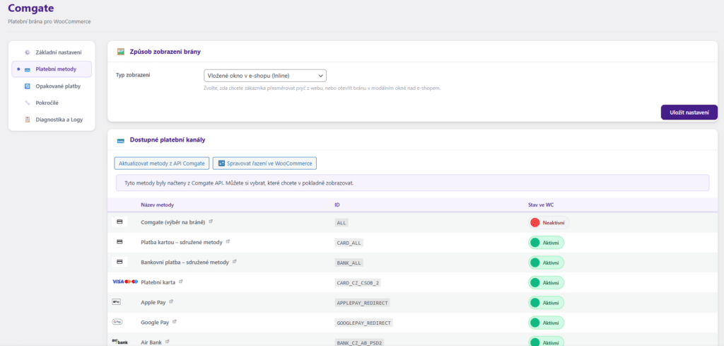 Nová, přehlednější administrace pluginu Comgate - novinka z března 2026